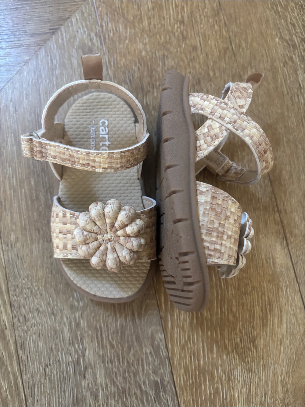 Carter's Tan Woven Flower Toddler Sandals with Hook-and-Loop Strap Size 4